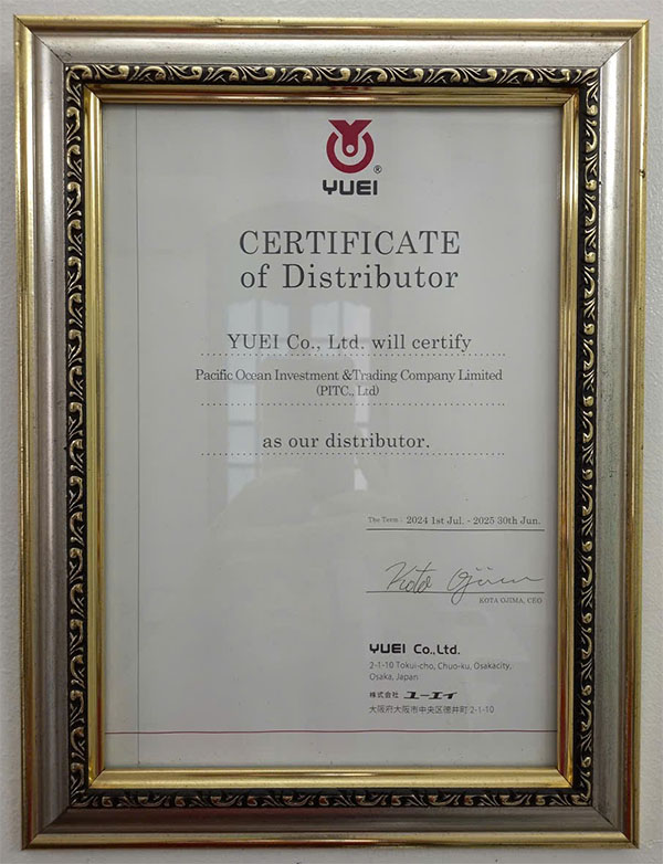 Giấy chứng nhận nhà phân phối YUEI cấp cho Thái Bình Dương (PITC)Certificate of Distributor – YUEI Co., Ltd.